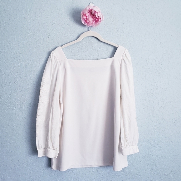 Ann Taylor White Square Neck Floral Eyelet Long Sleeve Blouse - Picture 8 of 9